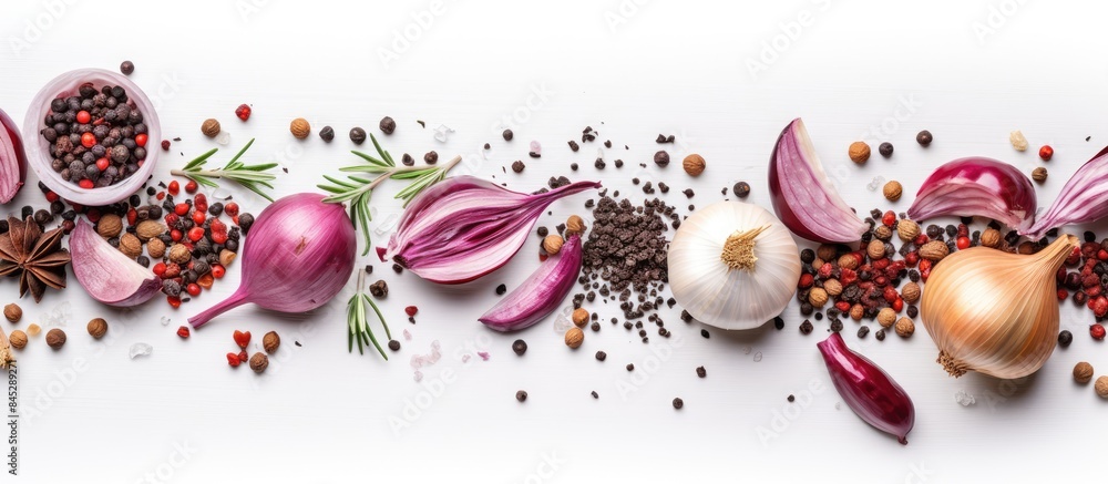 Aufkleber a view from the top of a white background shows a red onion surrounded by spices like rosemary garli