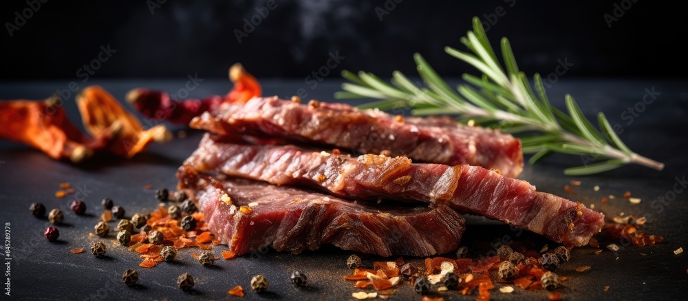 Poster a savory blend of seasoned jerky and succulent pork complemented by aromatic spices showcased on a b