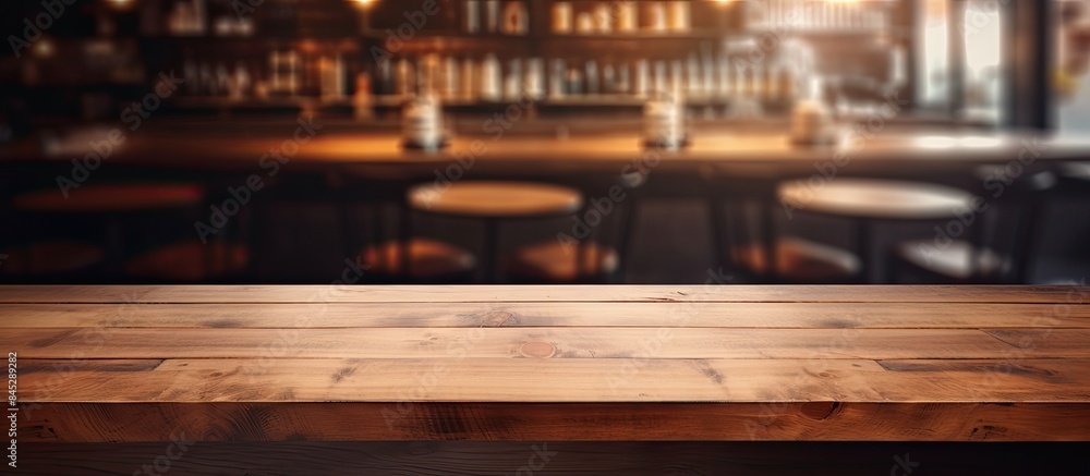 Poster a modern restaurant or coffee shop with a wooden table in the background and an empty space on the t