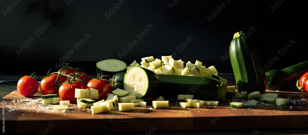 Poster a copy space image of diced and sliced courgette zucchini placed on a wooden cutting board tomatoes 