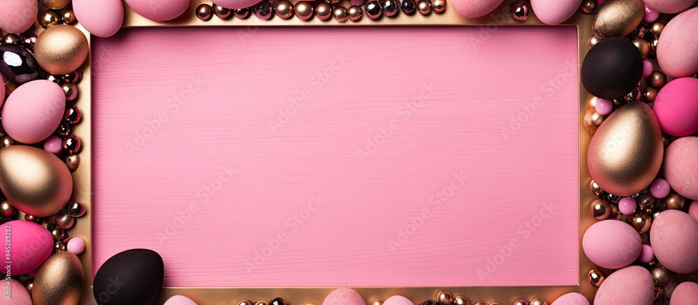 Aufkleber pink background with a happy easter theme featuring a frame made of wooden eggs the eggs are painted