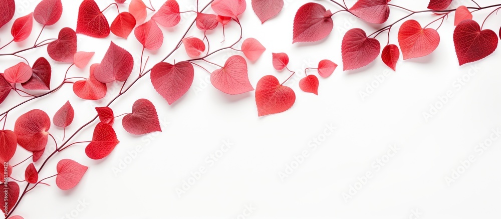 Poster A beautiful spring themed image featuring red leaves on a white background The flat lay perspective offers a captivating aerial view making it perfect for texts This copy space image is a great backg