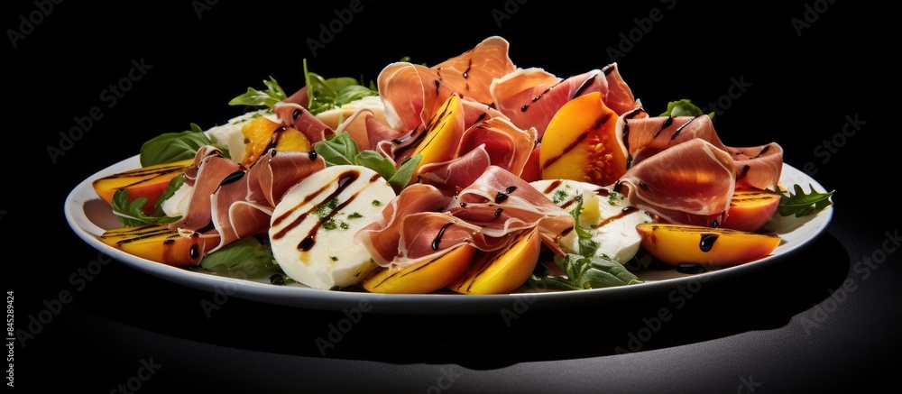 Aufkleber close up top view of a fresh gourmet salad on a white plate against a black background featuring gri