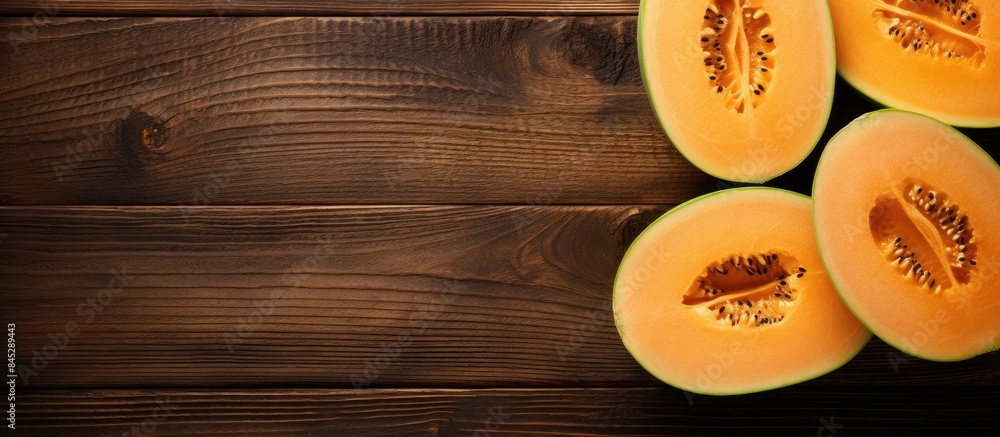 Poster there is a top view of organic cantaloupe melon slices arranged on a wooden cutting board with seeds
