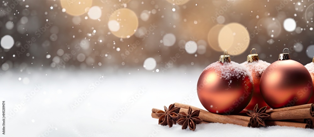 Poster Copy space image of a festive Christmas background featuring snow glittering Christmas balls aromatic cinnamon sticks and a softly blurred backdrop
