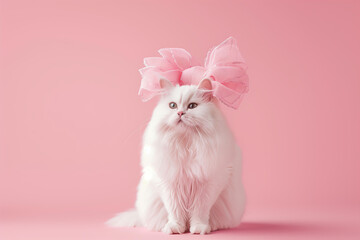 fluffy white cat with a large pastel pink bow on its head against a solid light pink background, lady pet, cute pet care, grooming salon concept