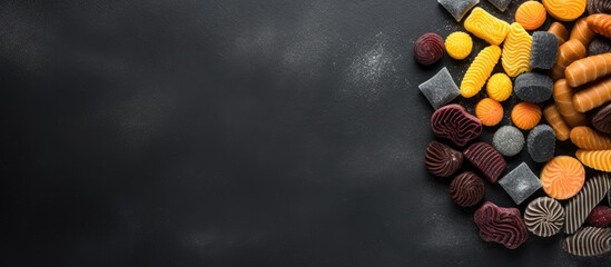 Top down view of liquorice sweets arranged on a dark concrete background creating a visually appealing Halloween dessert concept The flat lay composition provides ample copy space for text or additio