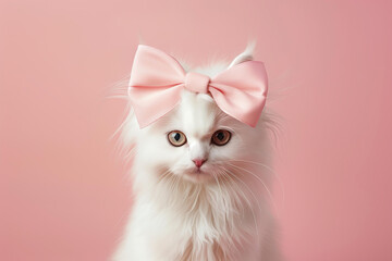 fluffy white cat with a large pastel pink bow on its head against a solid light pink background, lady pet, cute pet care, grooming salon concept