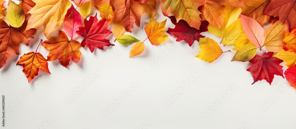 Aufkleber autumn leaves and paint are positioned next to white paper providing a space for adding text the bac