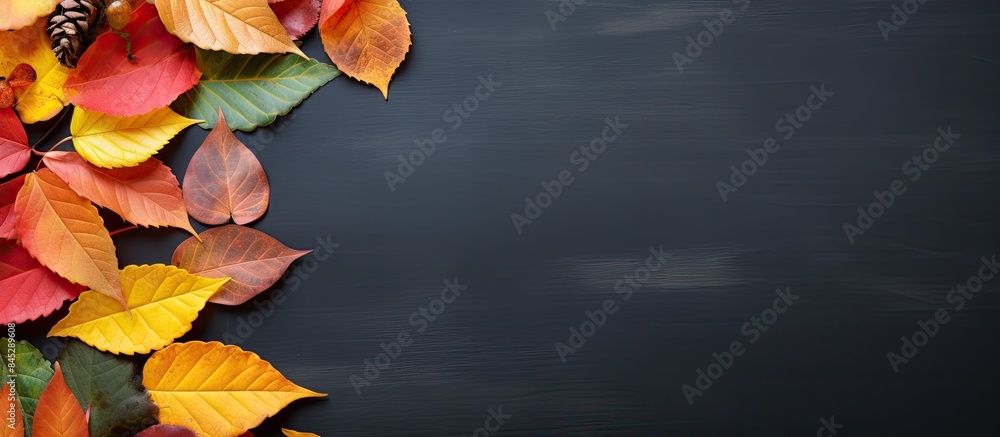 Poster Colorful fallen leaves arranged on a chalkboard background in a composition for an autumn flat lay image with copy space symbolizing the fall season and back to school concept