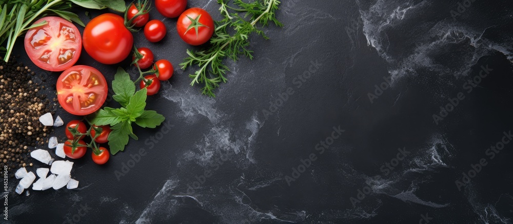 Poster a top down view of food ingredients including tomatoes bay laurel leaves and salt arranged on a blac