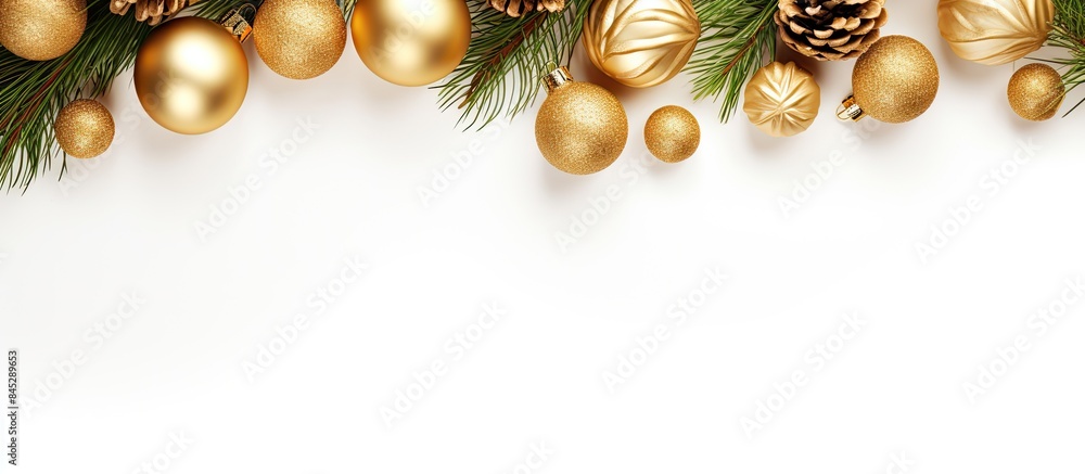 Poster Flat lay Christmas concept with golden and beige decorations on a white background complemented by lush green pine branches creating a copy space image