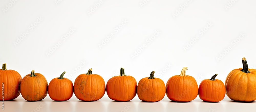 Aufkleber Copy space image of numerous orange pumpkins arranged in a neat formation creating a frame against a crisp white backdrop Evoking the essence of autumn harvest and festivities like Halloween or Thank