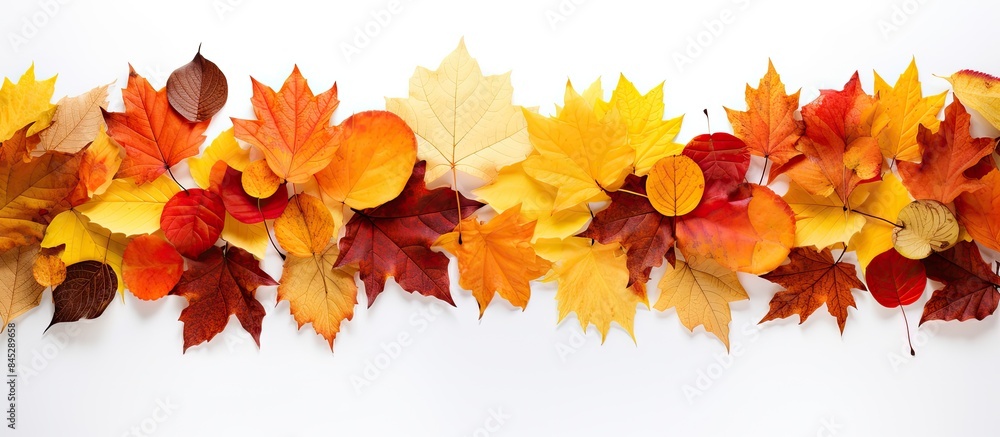 Aufkleber An exquisite border frame formed by an assortment of vibrant autumn leaves isolated on a pristine white background creating an ideal copy space image