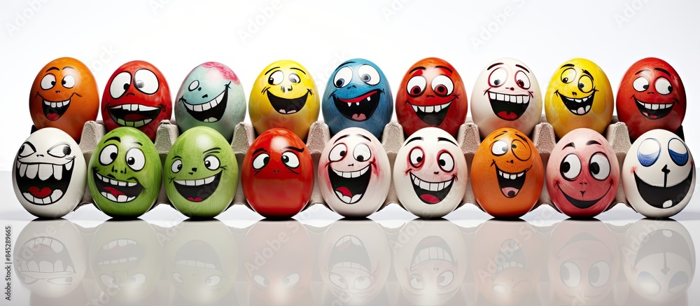 Aufkleber Easter themed eggs with amusing facial expressions are arranged neatly in the packaging set against a white backdrop creating a playful and festive aesthetic copy space image