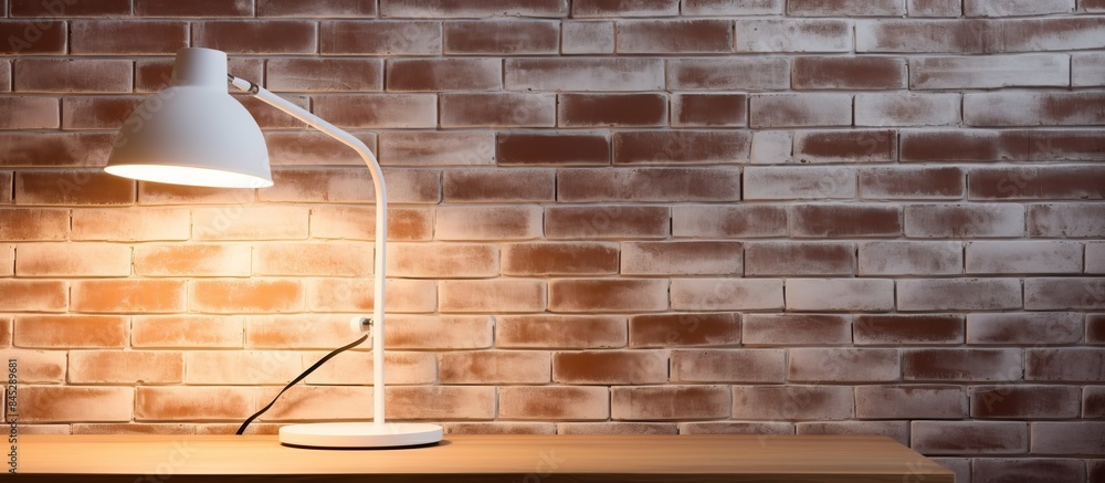 Poster a sleek desk lamp with a modern design sits on a white wooden table positioned next to a textured br