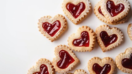 Heart shaped linzer cookies with raspberry jam on white background Valentines love and romance concept