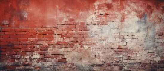 Copy space image of an empty old brick wall with a painted distressed surface grungy wide brickwall grunge red stonewall background shabby building facade with damaged plaster serving as an abstract