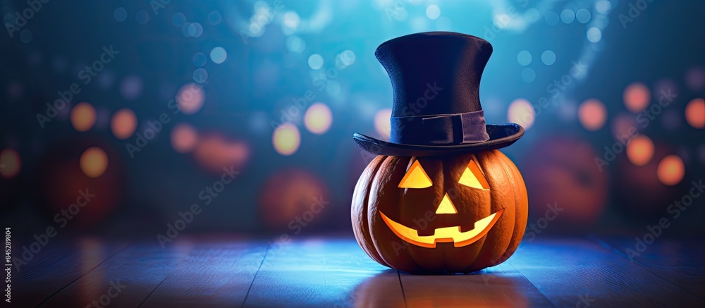Poster a halloween themed image featuring a pumpkin with a hat stands out against a backdrop of vibrant and