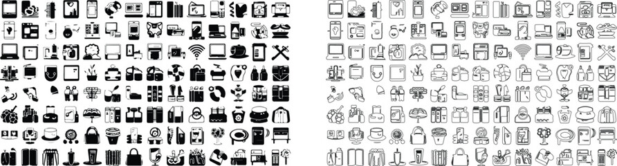 Each icon represents modern digital devices such as smartphones and laptops to more abstract symbols like Wi-Fi signals. Human figures, musical notes are also included in this eclectic mix.