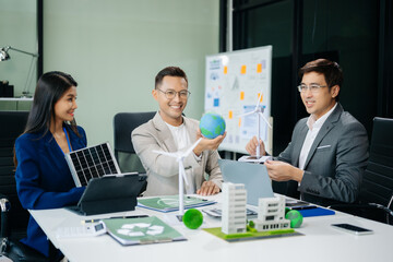 business team people planning and discussing on recycle reduce reuse policy symbol in office meeting room. Green business company
