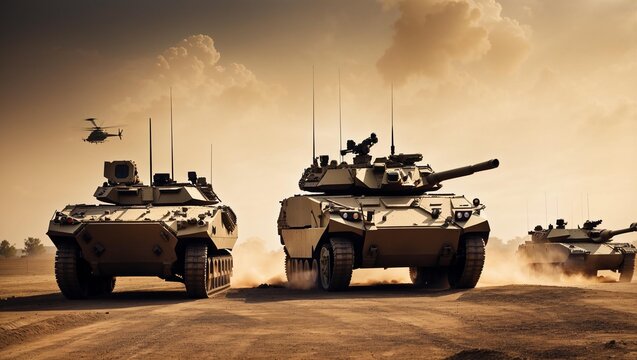 Military might on display as tank and helicopter advance.
