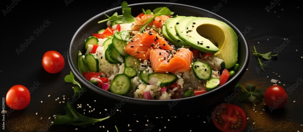 Poster top view of a poke bowl featuring quinoa salmon avocado and feta cheese on a dark background perfect