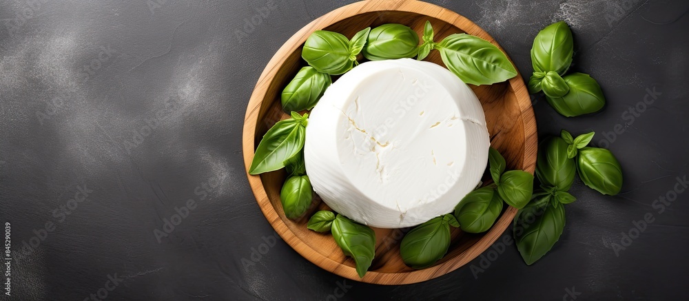 Poster A top view of mozzarella cheese in a wooden bowl with fresh basil leaves set against a gray background There is ample copy space in the image