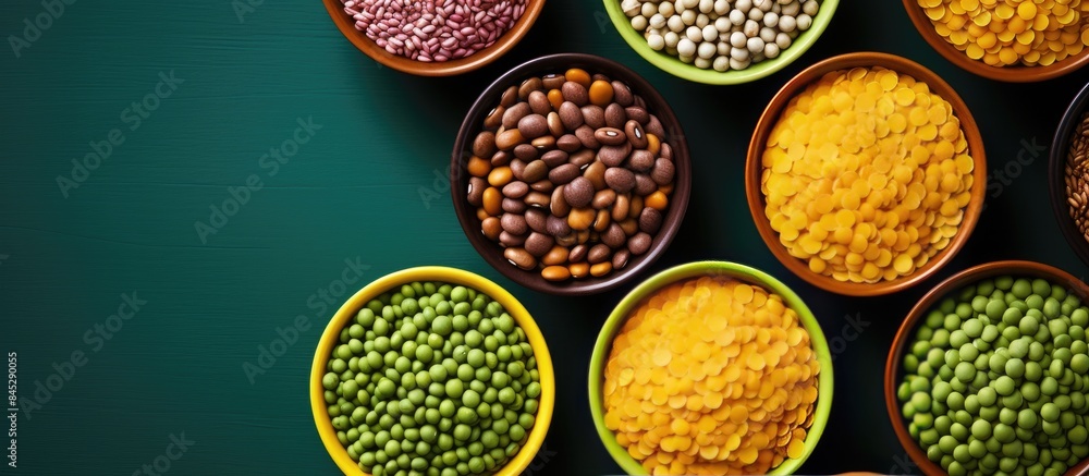 Poster a top view image showing colorful lentils including yellow brown green and orange varieties arranged