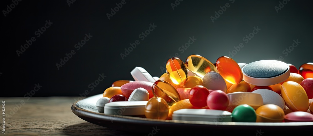 Poster there is a copy space image of a plate with various gel medical capsules vitamins and dietary supple