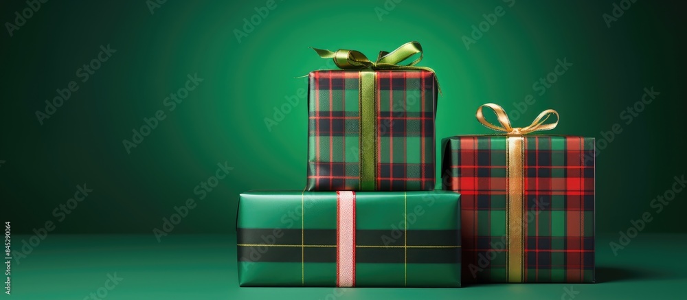 Poster a festive stack of three gift boxes adorned with plaid ribbons set against a vibrant green backdrop 