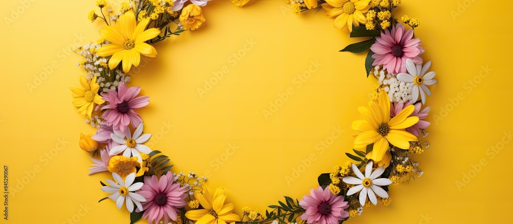 Aufkleber Spring flowers arranged in a vibrant circular shape against a yellow background creating a bright creative concept with empty space for text or images. Creative banner. Copyspace image