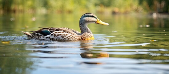 Obraz premium A peaceful mallard duck gracefully stands in the calm waters of a tranquil lake where small water bugs skitter across the surface No copy space image