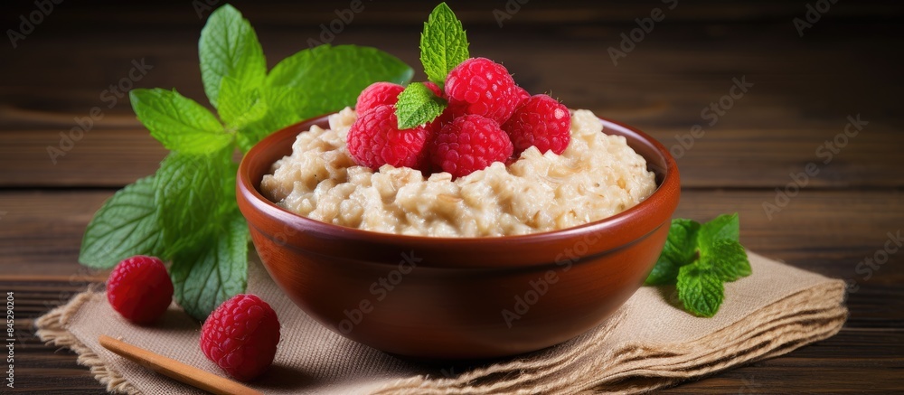 Aufkleber a healthy vegetarian dish of oatmeal topped with fresh raspberries and garnished with mint leaves pr