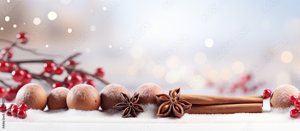 Poster Copy space image of a festive Christmas background featuring snow glittering Christmas balls aromatic cinnamon sticks and a softly blurred backdrop