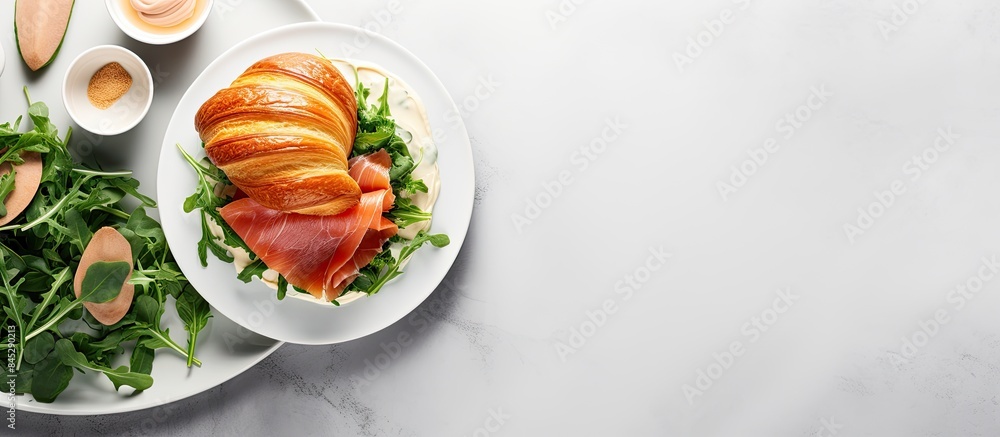 Poster a healthy breakfast concept featuring a croissant sandwich with cream cheese salmon and arugula show