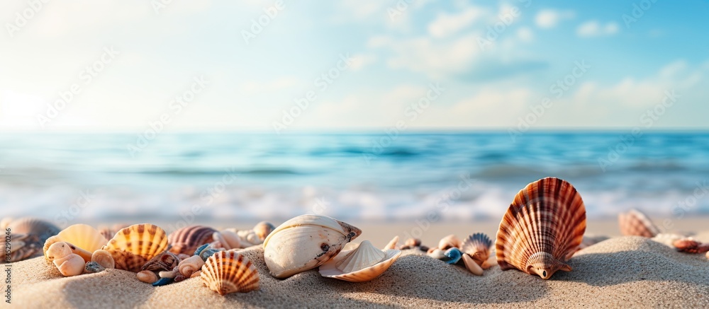 Aufkleber On the sandy beach by the sea there are seashells scattered about It s the perfect spot for a relaxing seaside vacation with plenty of copy space image