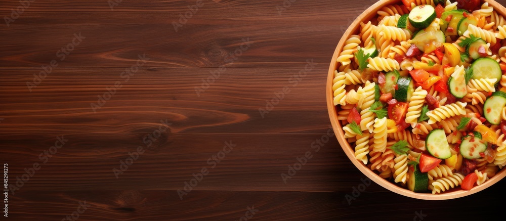 Poster A top view of a warm appetizer snack for the menu concept featuring a healthy pasta salad with vegetables The image showcases the food with a background and sufficient copy space