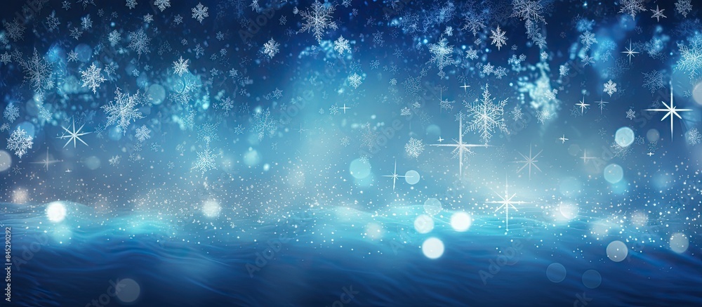Poster a magical blue bokeh with blinking stars and falling snowflakes creates an abstract christmas backgr
