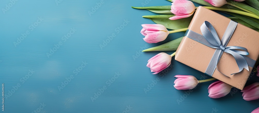 Poster a top view of a gift box wrapped in craft paper with a ribbon placed on a blue table pink tulips arr