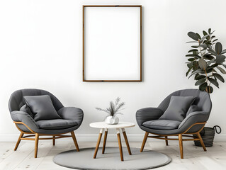 Modern living room with two armchairs and big frame poster