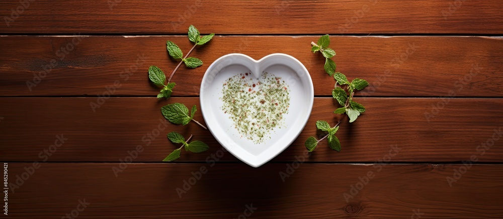 Aufkleber a top down view of a white heart cup decoration on a wooden table background with a spicy sauce and 