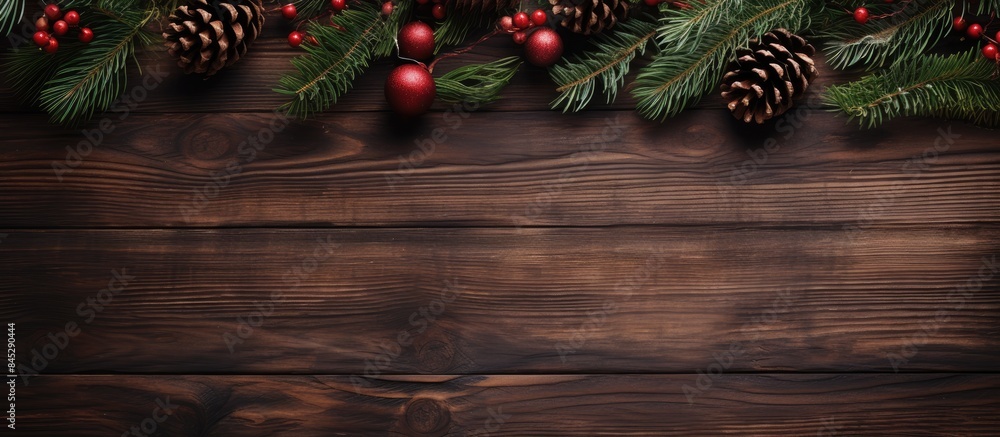 Leinwandbilder top view of a christmas and happy new year background featuring fir tree branches christmas decorati