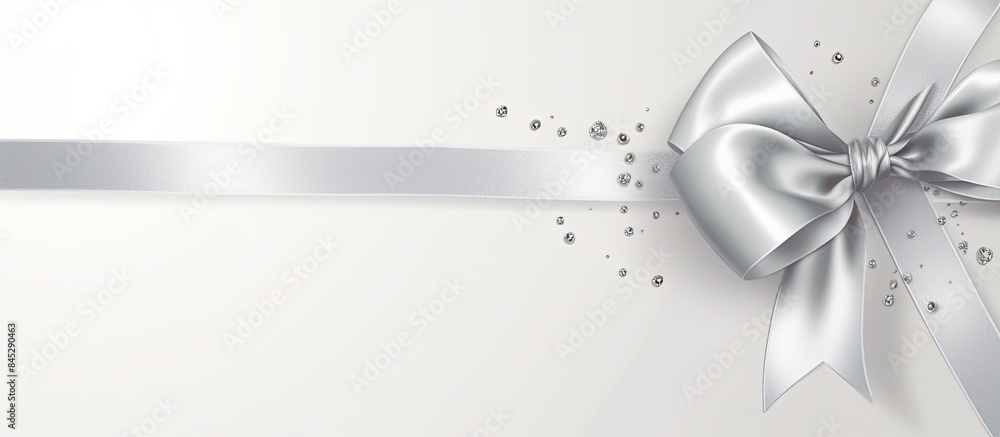 Poster A silver shiny satin ribbon bow with ribbon is positioned by the corner of a frame creating an isolated copy space image on a white background suitable for a holiday theme