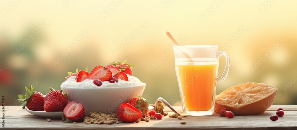 Poster a nutritious breakfast spread featuring toast orange juice cereal milk yogurt and strawberries with 