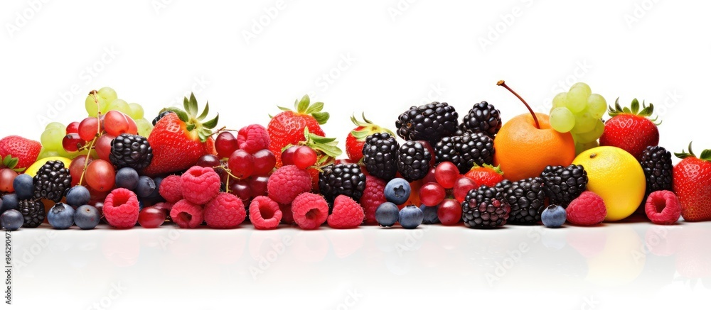 Poster a close up panoramic photo displaying a vibrant assortment of fresh and healthy fruits and berries i