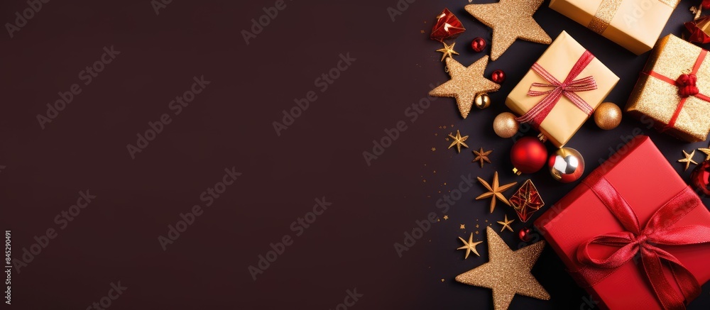 Poster christmas decorations and gift box arranged in a top view flat lay the composition is placed on a co