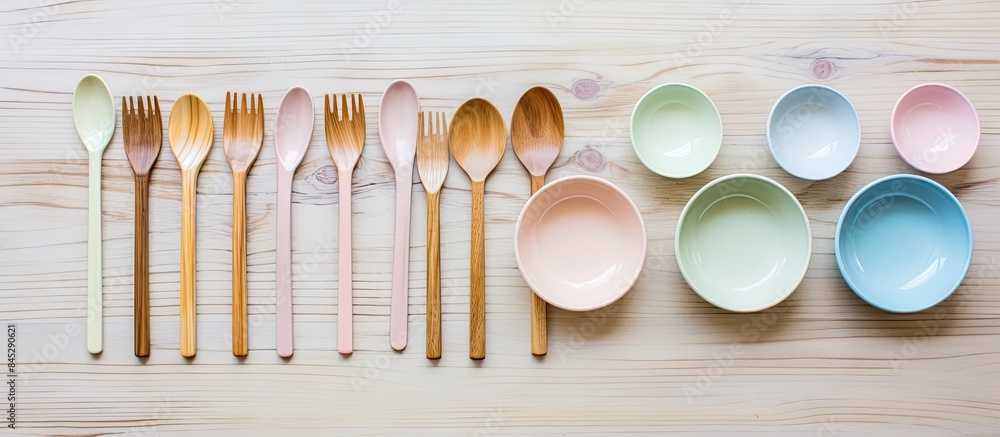 Poster A minimal and elegant flat lay view of a gray wooden background featuring a beautiful collection of empty pastel plastic tableware bowls spoons knives and forks Perfect for copy space images