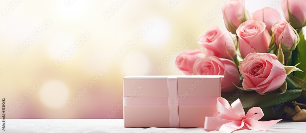 Poster a mother s day scene featuring a bouquet of pink roses alongside a gift box and lipstick with a blan