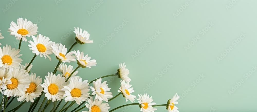 Poster On a pastel backdrop there is a group of tiny daisies with green stems This image is perfect for the holidays and there is copy space available